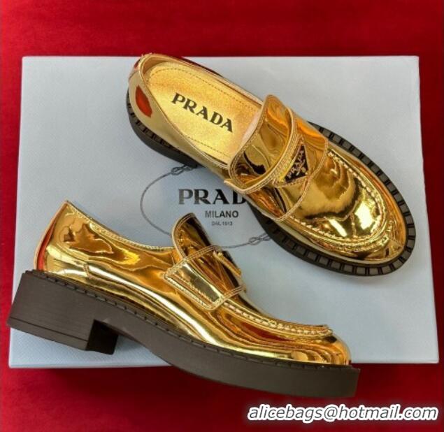 Cheap Price Prada Metallic Leather Loafers Gold 122871