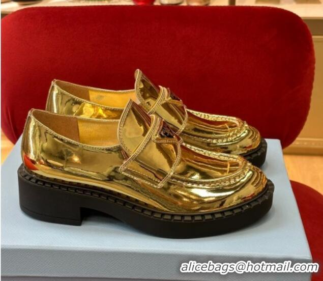 Cheap Price Prada Metallic Leather Loafers Gold 122871