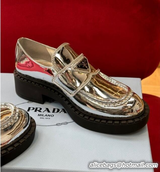 Fashion Prada Metallic Leather Loafers Silver 122872