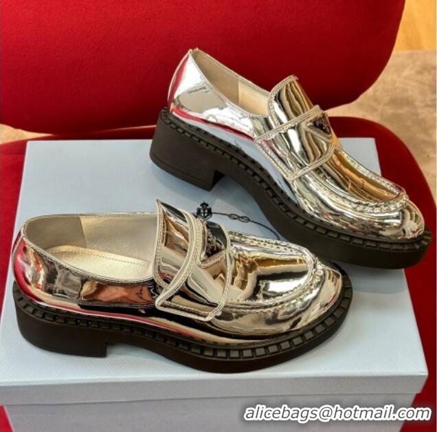 Fashion Prada Metallic Leather Loafers Silver 122872