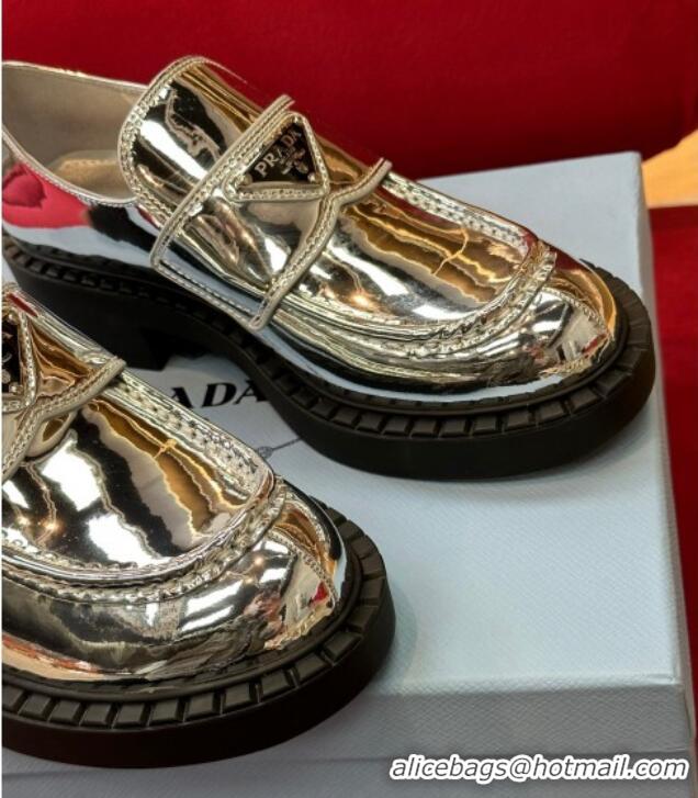 Fashion Prada Metallic Leather Loafers Silver 122872