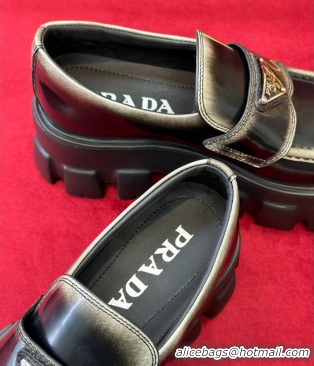 Low Cost Prada Distressed Leather Loafers Black/Silver 122874