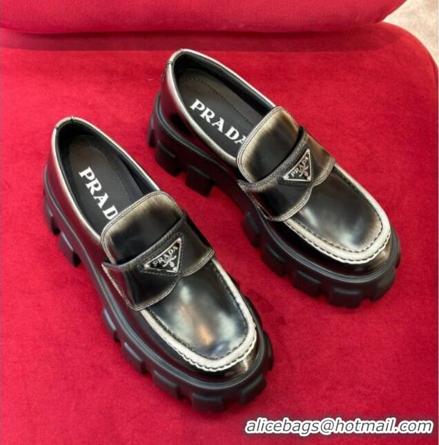 Low Cost Prada Distressed Leather Loafers Black/Silver 122874