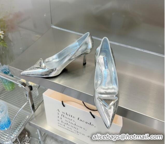 Pretty Style Prada Metallic Leather Pumps 7.5cm Silver 122875