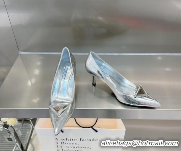 Pretty Style Prada Metallic Leather Pumps 7.5cm Silver 122875