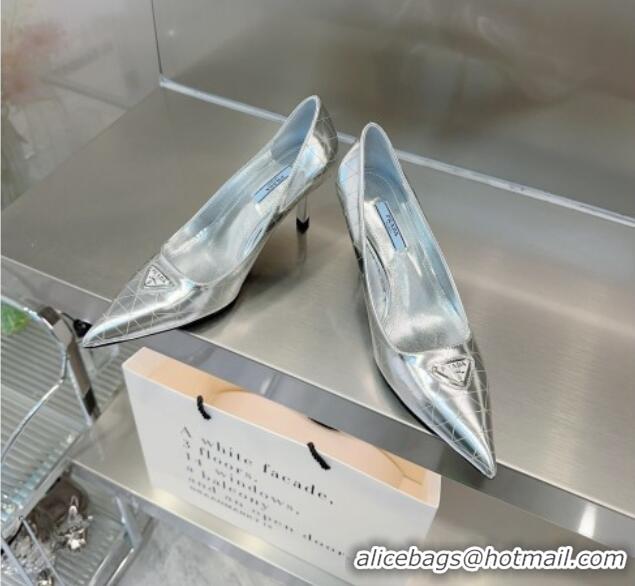 Unique Style Prada Metallic Leather Pumps 7.5cm Silver 122878