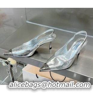 Best Product Prada Metallic Leather Slingback Pumps 7.5cm Silver 122879