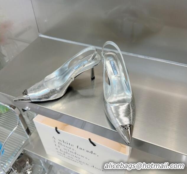 Best Product Prada Metallic Leather Slingback Pumps 7.5cm Silver 122879