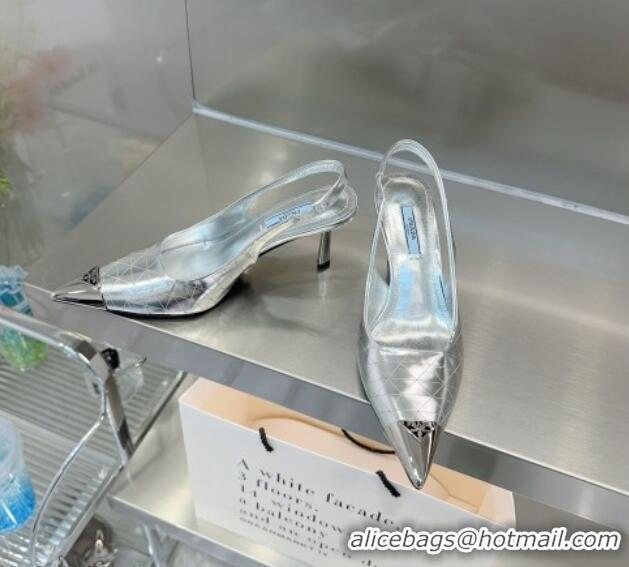 Best Product Prada Metallic Leather Slingback Pumps 7.5cm Silver 122879