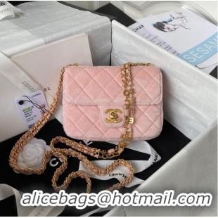 Famous Brand Chanel 22 FLAP BAG Velvet & Gold-Tone Metal AS3442 pink