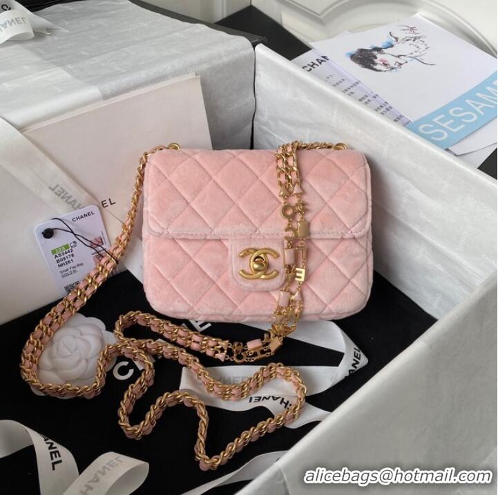 Famous Brand Chanel 22 FLAP BAG Velvet & Gold-Tone Metal AS3442 pink