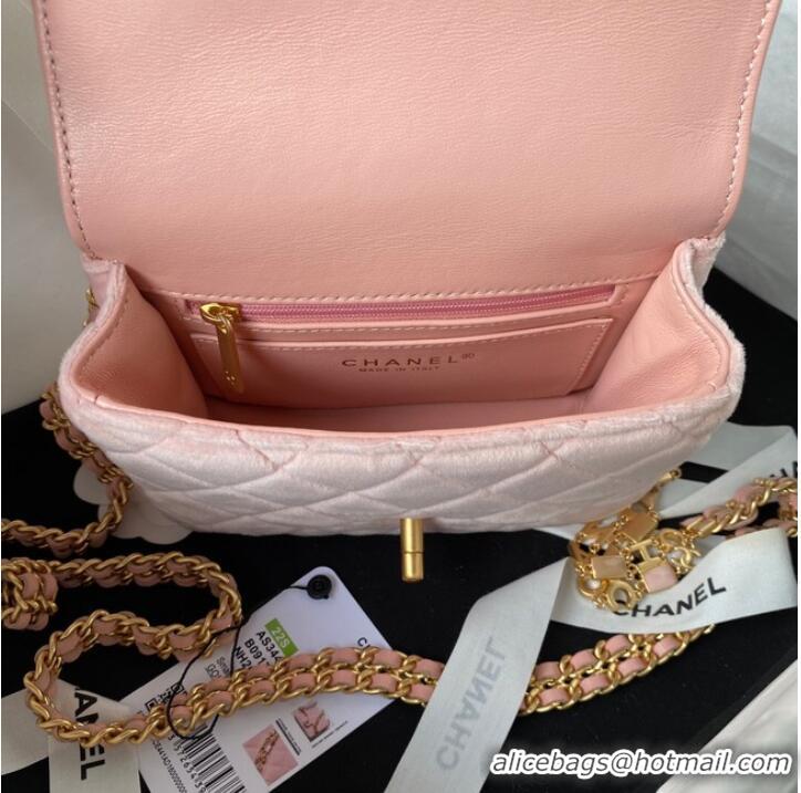 Famous Brand Chanel 22 FLAP BAG Velvet & Gold-Tone Metal AS3442 pink