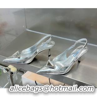 Good Product Prada Metallic Leather Slingback Pumps 7.5cm Silver 122881