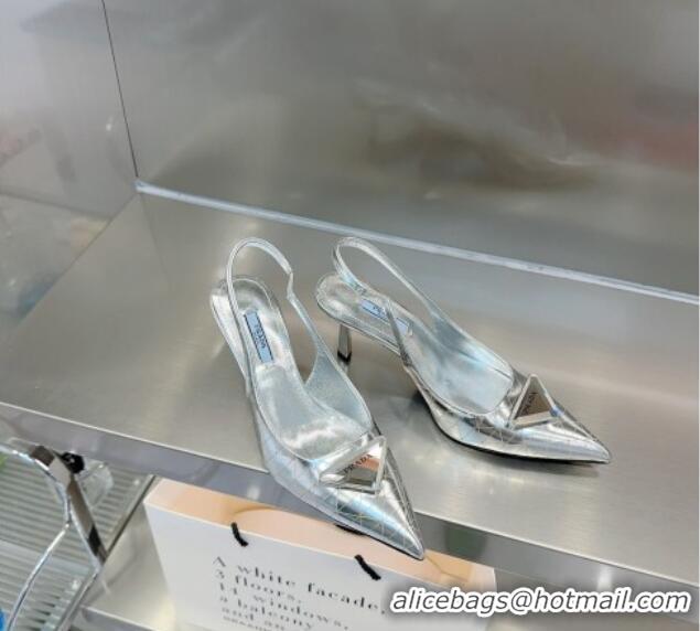 Good Product Prada Metallic Leather Slingback Pumps 7.5cm Silver 122881