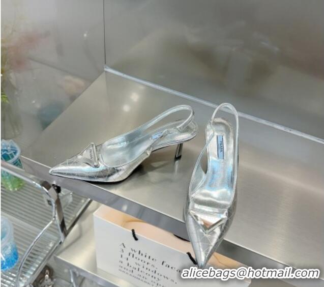 Good Product Prada Metallic Leather Slingback Pumps 7.5cm Silver 122881