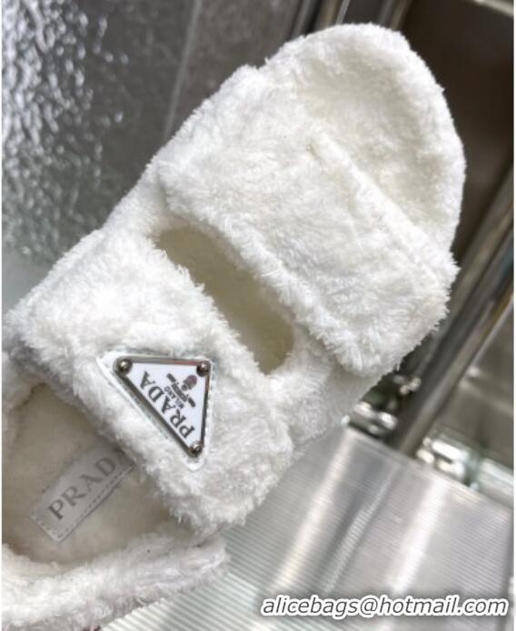 Stylish Prada Shearling Flat Sandals White 122959