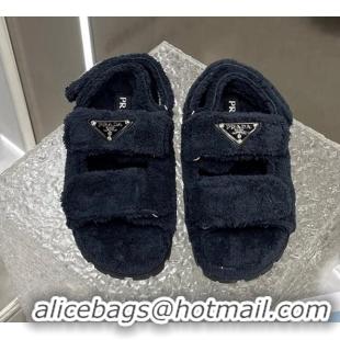 Best Grade Prada Shearling Flat Sandals Black 122961