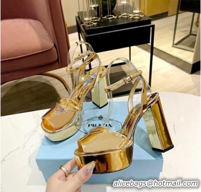 Best Price Prada Metallic Leather High Heel Platform Sandals 13cm Gold 122983