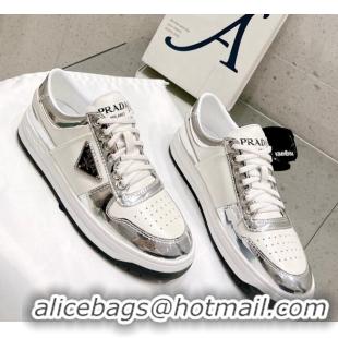 Good Quality Prada Downtown Perforated Leather Sneakers Silver 020939