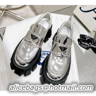 Design Cheap Prada Metallic Leather Monolith Loafers Silver 020944