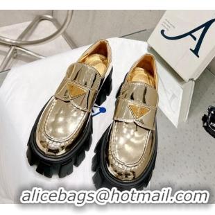 AAAAA Prada Metallic Leather Monolith Loafers Gold 020945