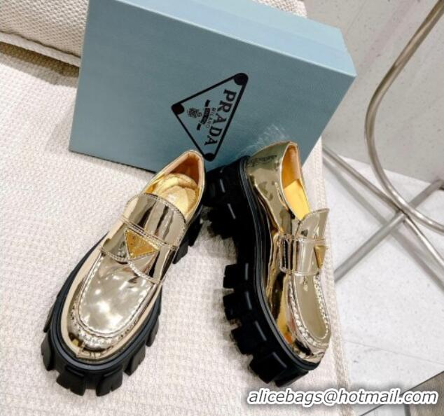 AAAAA Prada Metallic Leather Monolith Loafers Gold 020945