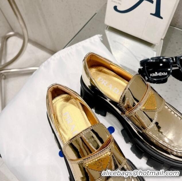 AAAAA Prada Metallic Leather Monolith Loafers Gold 020945