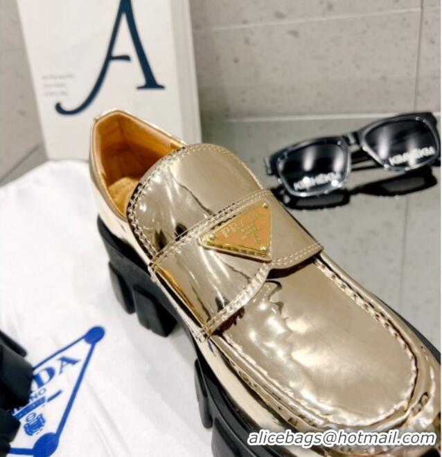 AAAAA Prada Metallic Leather Monolith Loafers Gold 020945