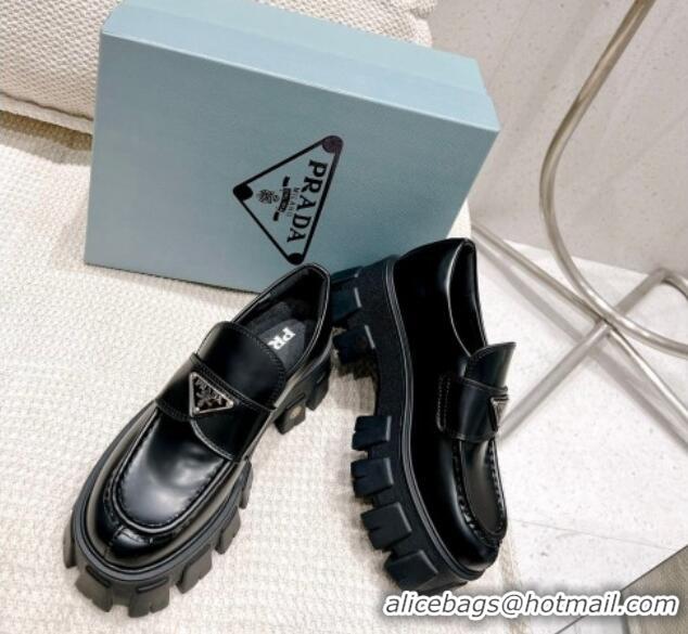 Duplicate Prada Brushed Leather Monolith Loafers Black 020946