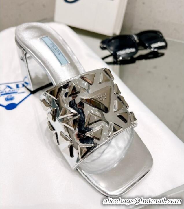 Best Quality Prada Metallic Leather Heel Slide Sandals 5cm with Triangle Charm Silver 020947