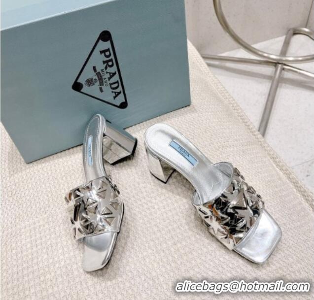 Best Quality Prada Metallic Leather Heel Slide Sandals 5cm with Triangle Charm Silver 020947