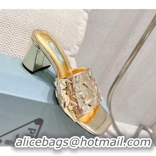 Trendy Design Prada Metallic Leather Heel Slide Sandals 5cm with Triangle Charm Gold 020948