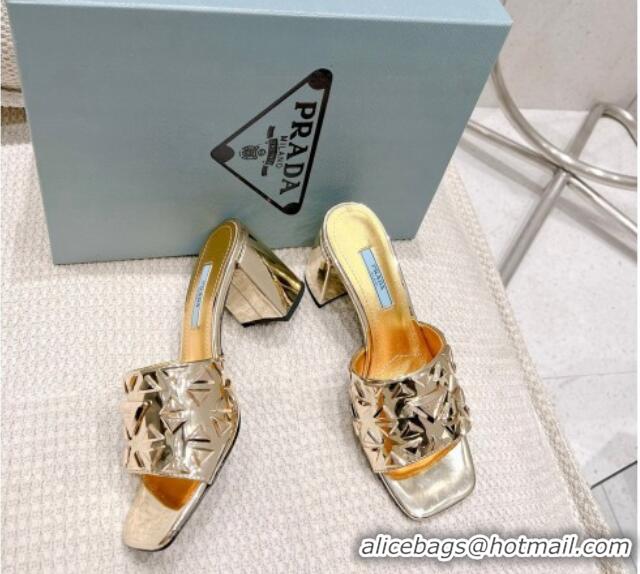 Trendy Design Prada Metallic Leather Heel Slide Sandals 5cm with Triangle Charm Gold 020948