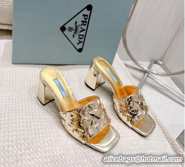 Trendy Design Prada Metallic Leather Heel Slide Sandals 5cm with Triangle Charm Gold 020948