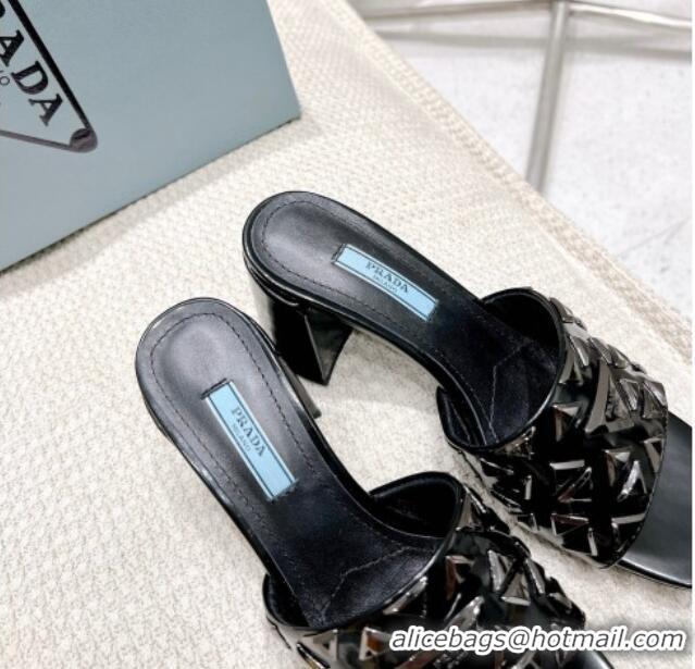 Top Quality Prada Brushed Leather Heel Slide Sandals 5cm with Triangle Charm Black/Silver 020949