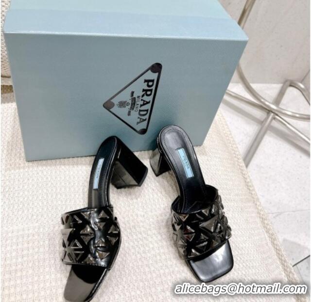 Top Quality Prada Brushed Leather Heel Slide Sandals 5cm with Triangle Charm Black/Silver 020949