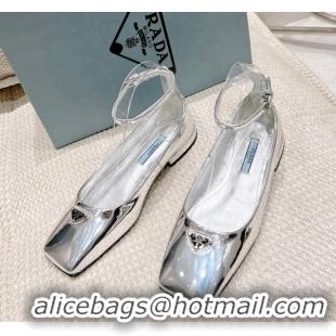 New Style Prada Metallic Leather Ballerinas Flat Silver 020952