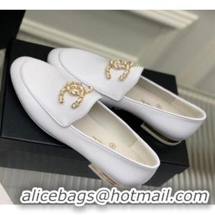 Most Popular Chanel Lambskin Loafers with Chain CC G39438 White