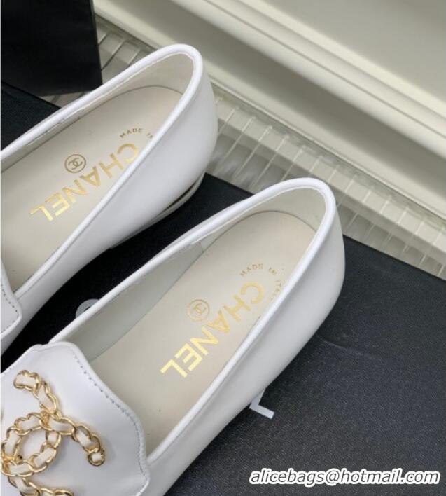 Most Popular Chanel Lambskin Loafers with Chain CC G39438 White