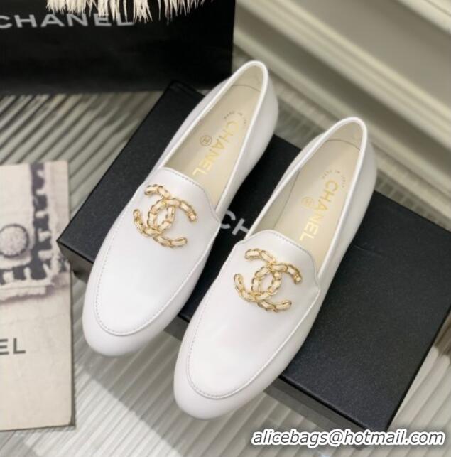 Most Popular Chanel Lambskin Loafers with Chain CC G39438 White