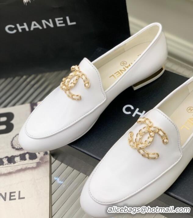 Most Popular Chanel Lambskin Loafers with Chain CC G39438 White