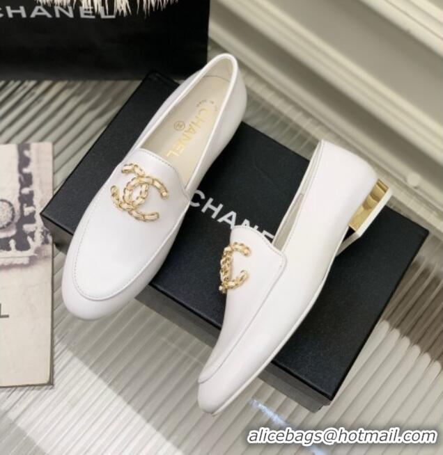 Most Popular Chanel Lambskin Loafers with Chain CC G39438 White