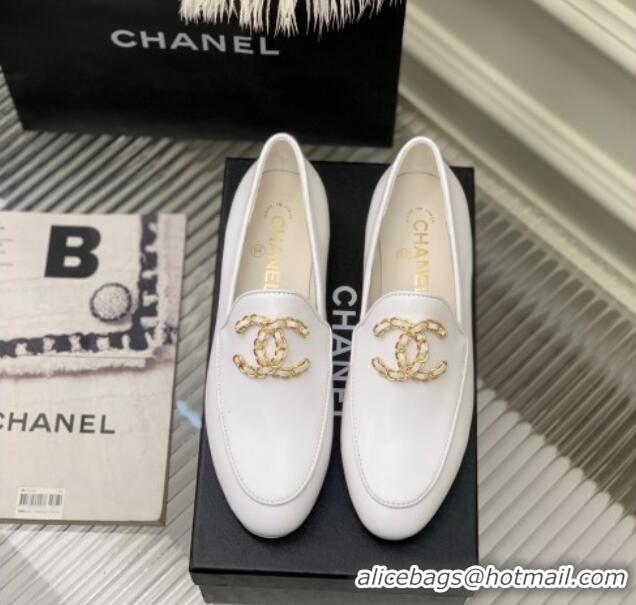 Most Popular Chanel Lambskin Loafers with Chain CC G39438 White