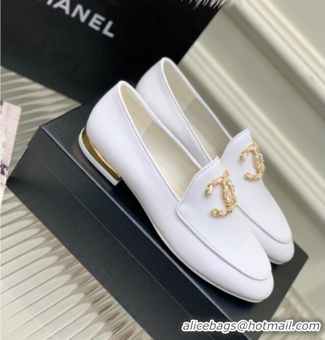 Most Popular Chanel Lambskin Loafers with Chain CC G39438 White