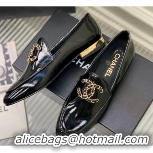 Best Price Chanel Patent Leather Loafers with Chain CC G39438 Black