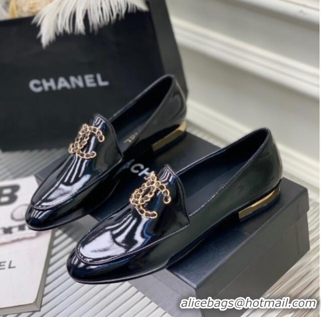 Best Price Chanel Patent Leather Loafers with Chain CC G39438 Black