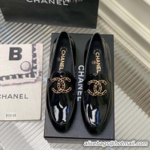 Best Price Chanel Patent Leather Loafers with Chain CC G39438 Black