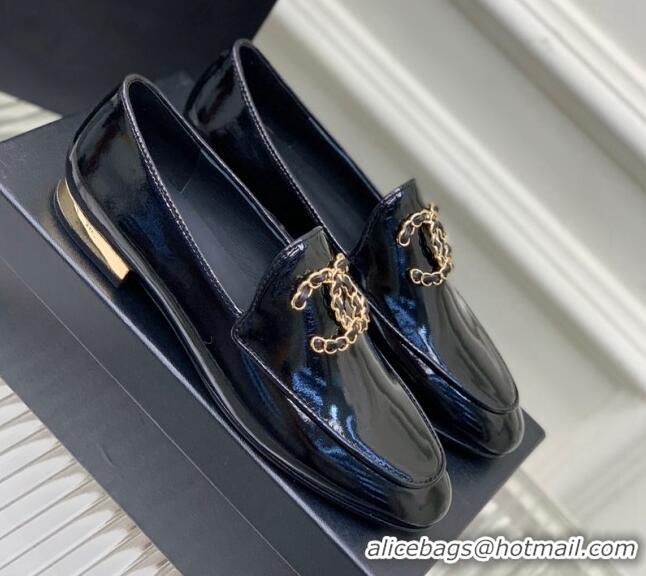 Best Price Chanel Patent Leather Loafers with Chain CC G39438 Black