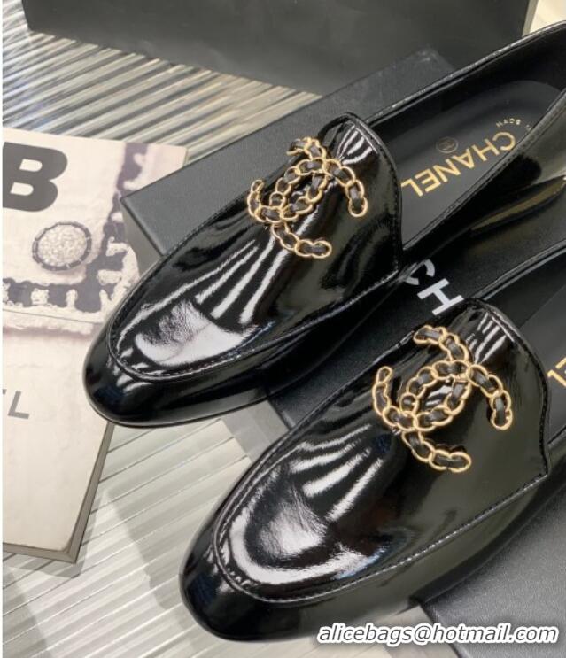 Best Price Chanel Patent Leather Loafers with Chain CC G39438 Black