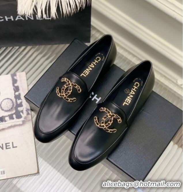 Discount Chanel Lambskin Loafers with Chain CC G39438 Black